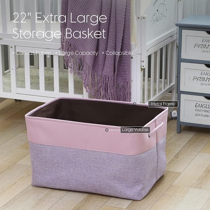 Sea Team Oversized Rectangle Canvas Open-Top Storage Baskets, 3-Pack | Collapsible Fabric Storage Bins with Handles, Closet Shelf Organizers, 22 x 15 x 13 Inches, Lavender & Orchid