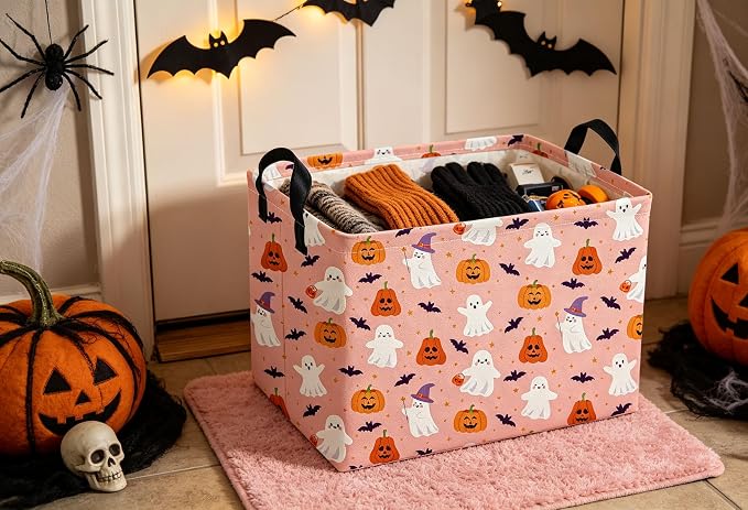 Rectangle Kids Baskets Hallowee Basket Pink Storage Bin Fish Box for Room Decor Gift Basket(Pink ghost)