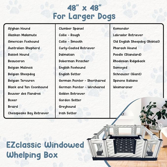 EZclassic 48x48x18 in Whelping Box, Windowed Walls & Rails, Gray | 48x48 padded whelping box with windowed walls, puppy safety rails, waterproof gray pad, and sturdy portable build