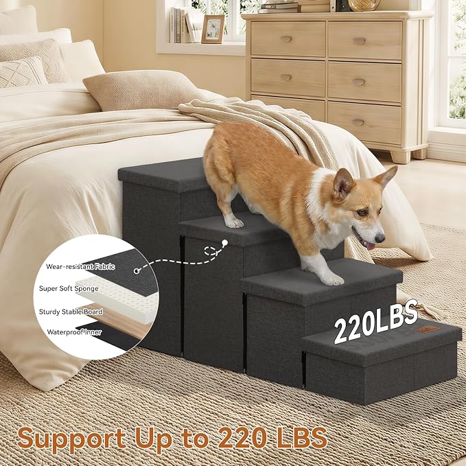 Zerbuger Dog Stairs with Storage, Dark Grey 4 Steps Dog Ramp no Condo | 23" H Wider Dog Steps for High Beds Couch, Folding Storage Pet Stairs Gift for Climbing Small/Medium/Large Old Dogs Cats