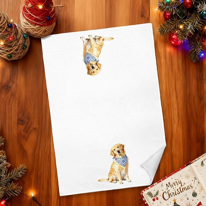 Chinoiserie Golden Retriever Kitchen Towels 16x24 in, Gifts for Golden Retriever Lovers, Grandmillennial Bandana Dog Decorative Hand Tea Dish Towels for Bathroom Kitchen
