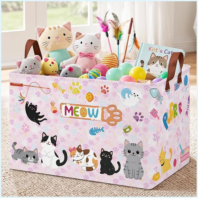 Cat Paw Toy Storage Basket,Square Toy Bin,Storage Bin for Pet Room Decor | Collapsible Nursery Storage Bin with Sturdy Handles for Clothes, Toys, Pillows, Living Room Bedroom Bathroom