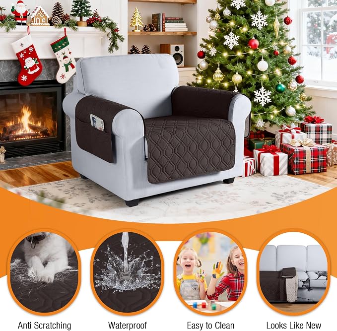 VANSOFY Waterproof Chair Seat Cover for Pets, Chocolate, 22" | Non-Slip, Washable, Utility Pockets, Pet Friendly, Furniture Protector Slipcover for 1 Seater Couch