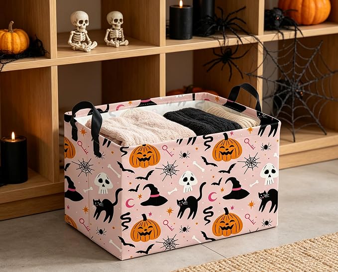 Rectangle Halloween Baskets Ghost Basket Cute Storage Bin Fish Box for Room Decor Gift Basket(Cat Halloween)