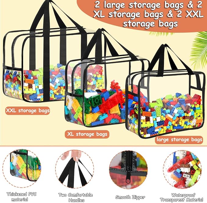 6 Packs Toy Storage Bags with Labels, Reusable Clear PVC Board Game Storage, Travel Waterproof Organizer Bags with Zipper Large Capacity (L, XL, XXL)