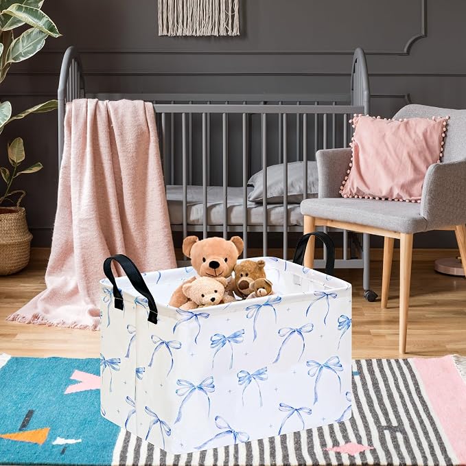 Girls Storage Basket with Blue Bow Print,14.5" x 10.2" x 9.4",Waterproof | Foldable Bin with Leather Handles;Ideal for Girls' Bedroom,Gift,Laundry&Toy Storage;Coquette Aesthetic Decor