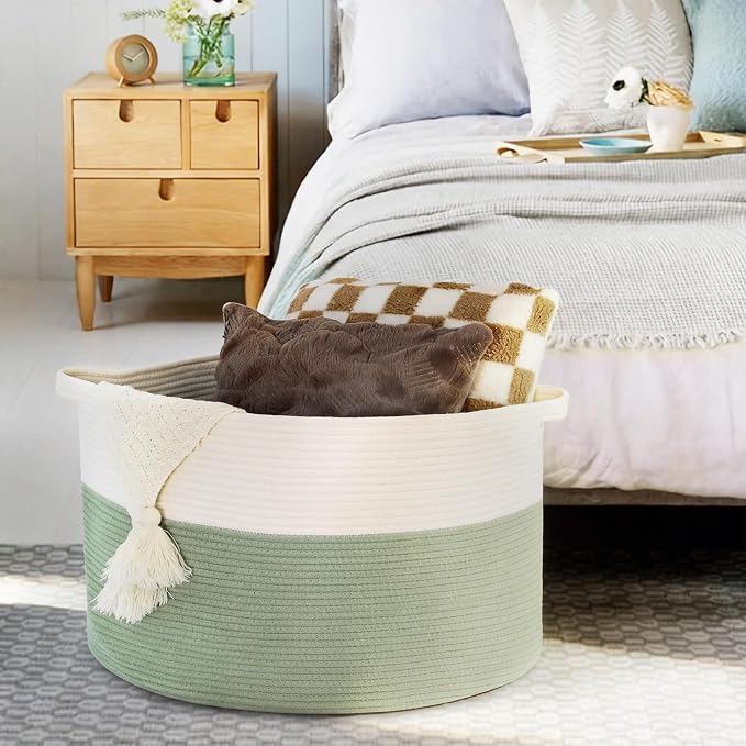MEGASKET Extra Large Blanket Basket, 22" X 22" X 14" Kids Dog Toy Storage Bin Box, Nursery Baby Toddler Toy Organizer, Soft Cotton Rope Woven Bin, Large Basket for Blankets for Living Room, Green