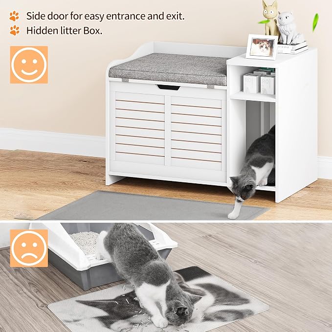 Cat Litter Box Enclosures Large Hidden Cat Litter Box Furniture Enclosure w/Top Opening Door, Wooden End Table Pet House w/Storage Shelf, Cushion & Mat, Dog Proof Design for Easy Cleaning