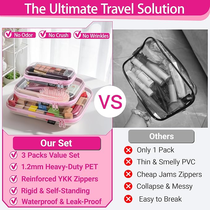YQBRAO Clear Hard Shell Organizer Case Set, 3-Pack, Pink | Large, medium & small rigid PET organizers for beauty, travel, skincare and everyday organization