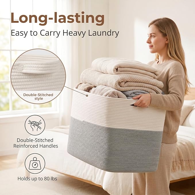 OIASKET 108L Cotton Rope Storage Basket for Living Room and Bedroom 25"x16"x16" Woven Laundry Basket, Heavy Duty Bin for Blankets, Pillows & Toys, Pet-Safe & Scratch-Free, Grey and White