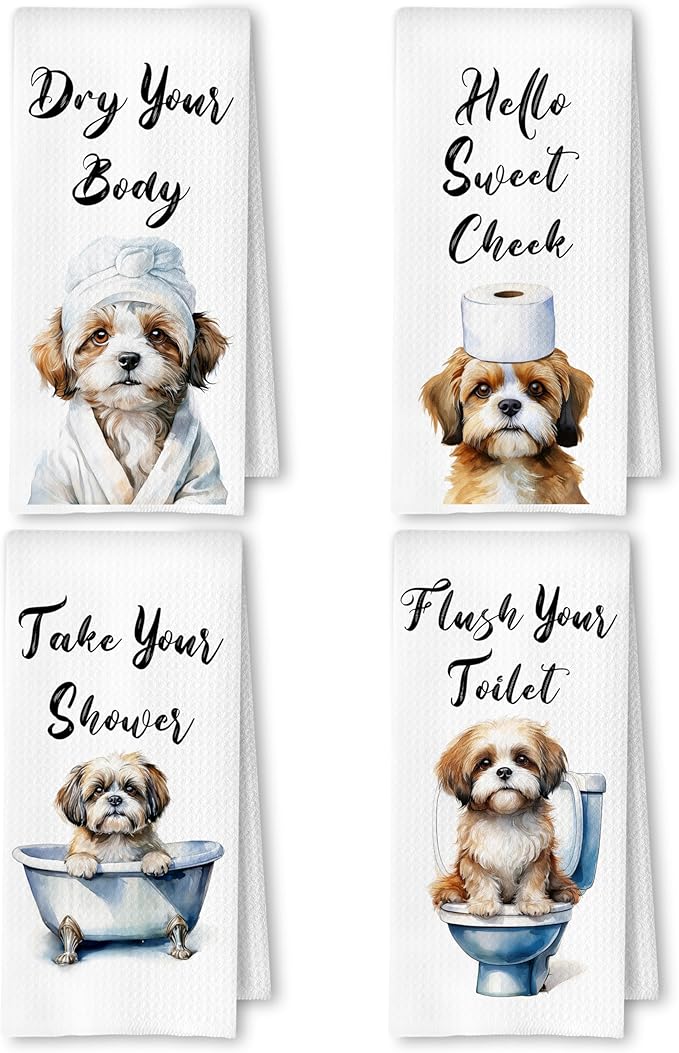 Funny Shih Tzu Dog Hand Towels for Bathroom Washroom, Gifts for Shih Tzu Lovers Women Men, Dog Bathroom Decor, 16x24 Inch Set of 4