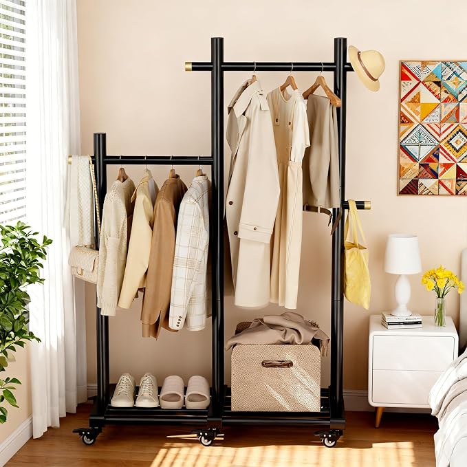 Wooden Clothing Rack, Double Pole Clothes Rack with 4 Hooks & 6 Wheels | Long and Short Clothing Section Design, Load Capacity 360Ib, Garment Rack for Hats, Scarves, Trench Coats, and Shoes