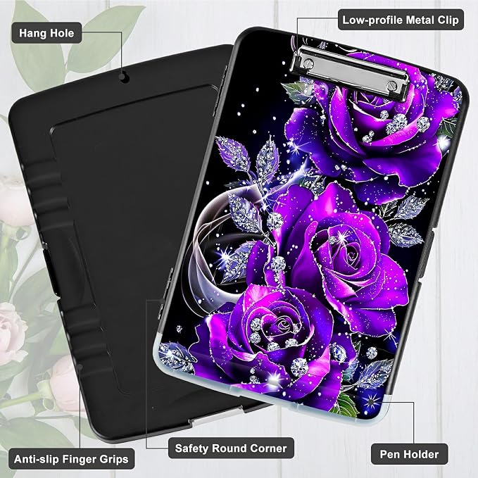 Purple Rose 01 A4 Clipboard with Storage Pen Holder, Clipboards Organizer Nursing Clipboard Foldable File Folder Plastic Clipboard Folio Clip Board for Office Students Classroom Doctor