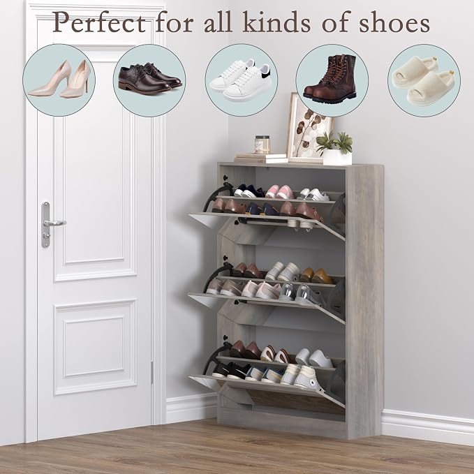 BORNOON Shoe Cabinet with 3-Flip Mirror Drawers, Freestanding Shoe Rack Organizer with Hidden Handle, Slim Narrow Shoe Storage Cabinet for Entryway, Entrance, Hallway, Bedroom