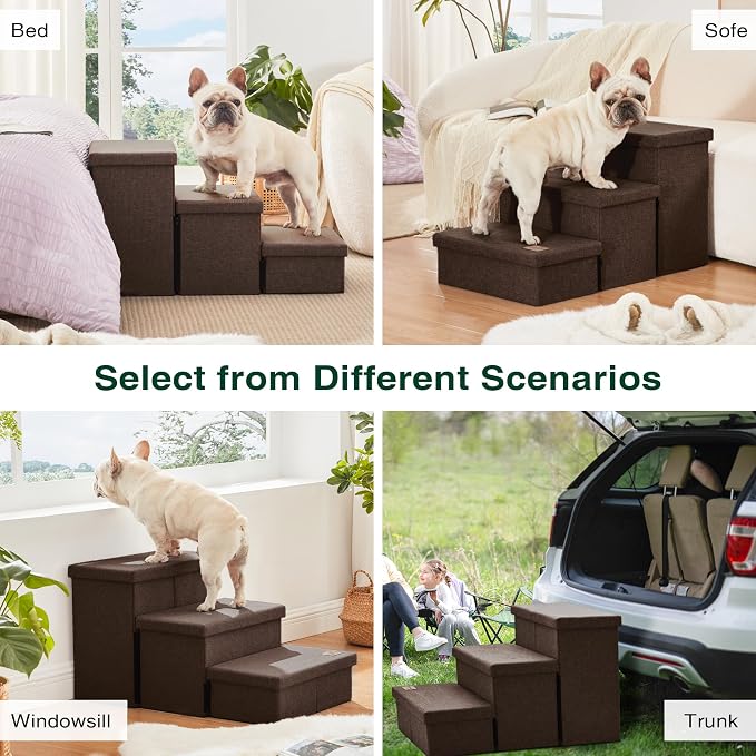Love's cabin Dog Stairs for High Bed, Foldable Pet Stairs for Small Medium or Large Dogs Puppy with Storage for Bed or Couch, Cat Dog Steps Ramp with Zip up to 200 lbs, Coffee, 3 Steps