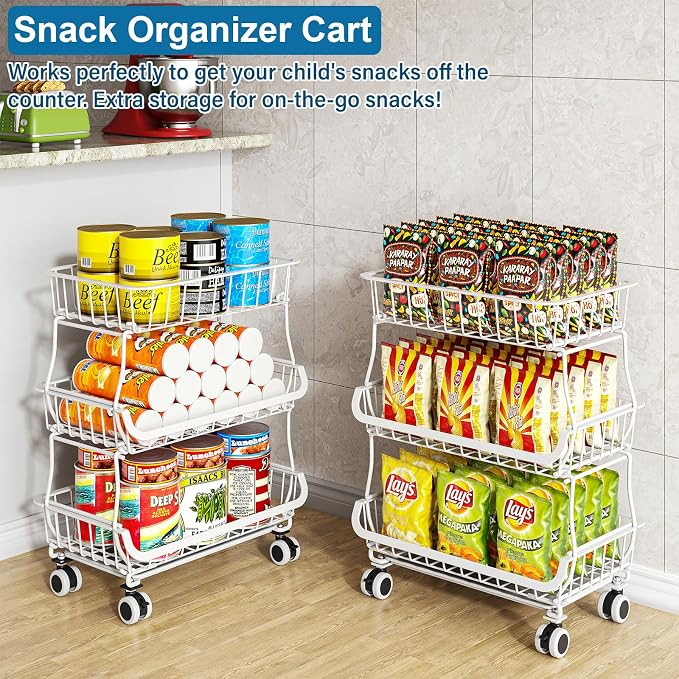 OKZEST 3-Tier Rolling Pantry Floor Organizers and Storage Cart with Wheels | Fits under pantry shelf, Stackable kitchen pantry baskets with dirt catch tray, Holds drink, snack, can, potato, onion, fruit