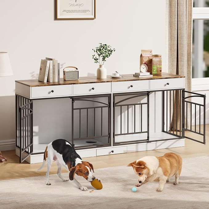 Dog Crate Furniture for 2 Dogs, Double Dog Crate TV Stand, White | 78.7'' Large Dog Kennel Indoor, 4 Storage Drawers and Feeding Bowls, Pet Kennel for Small and Medium Dogs