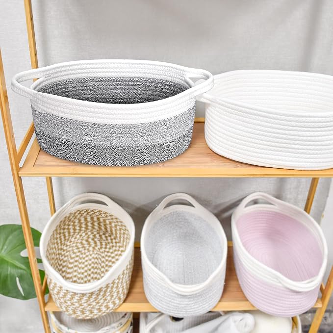 ABenkle Small Basket with Handles, Boho Decorative Rope Woven Dog Cat Toy Storage Bin Shelf Storage Organizer, Easter Christmas Gift Basket, 12"x8"x5"
