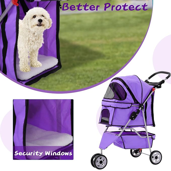 Dog Stroller with Storage Basket,3 Wheels Pet Stroller,Breathable Compact Portable Folding Carrier for Travel,Camping,Dog Carrier for Small Medium Dogs Or Cats,Lightweight Waterproof Pet Stroller