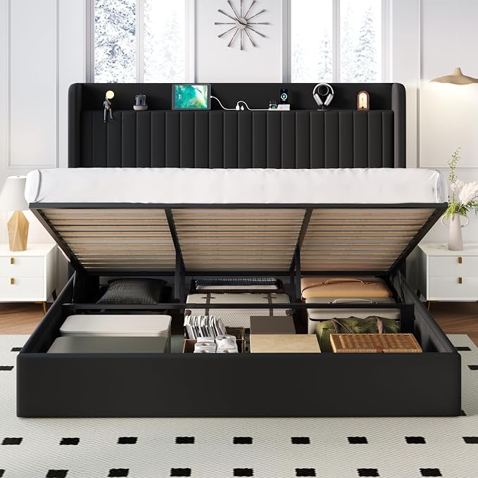 SHA CERLIN King Size Lift Up Storage Bed Frame, Charging Station, Black | Storage Headboard with Charging Station, USB, Type-C Port Velvet Hydraulic Storage Bed No Box Spring Needed Noise Free
