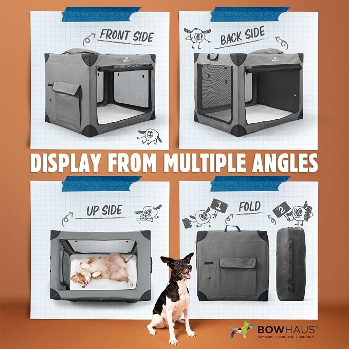 BOWHAUS 42 Inch Portable Travel Dog Kennel for Large Dogs with Durable Mesh Windows and 2 Storage Pockets, Indoor & Outdoor for Car, Soft-Sided Collapsible Dog Crate with 4 Breathable Mesh Door