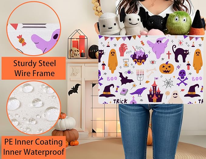 Large Halloween Themed Candy Gift Boo Basket for Kids Baby Personalized Adults Storage Bin Fall Decor(Purple Skull Castle Cat Spooky)