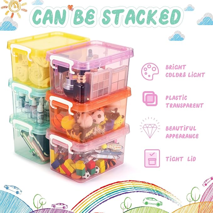 12 Pack Colorful Plastic Storage Bins with Lids 4 Quart Small Storage Latch Box Stackable and Nestable Clear Organizer Bins with Latching Handle and Buckle for Organizing (Colorful)