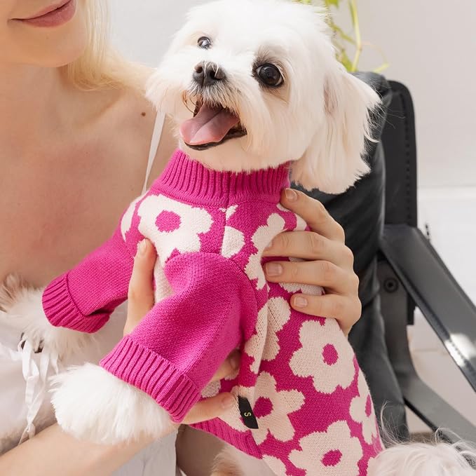 Fitwarm Floral Dog Sweater, Thermal Dog Sweatshirt, Dog Winter Clothes for Small Dogs Girl, Doggy Pullover Jumper, Pet Outfit, Hot Pink, White, XL