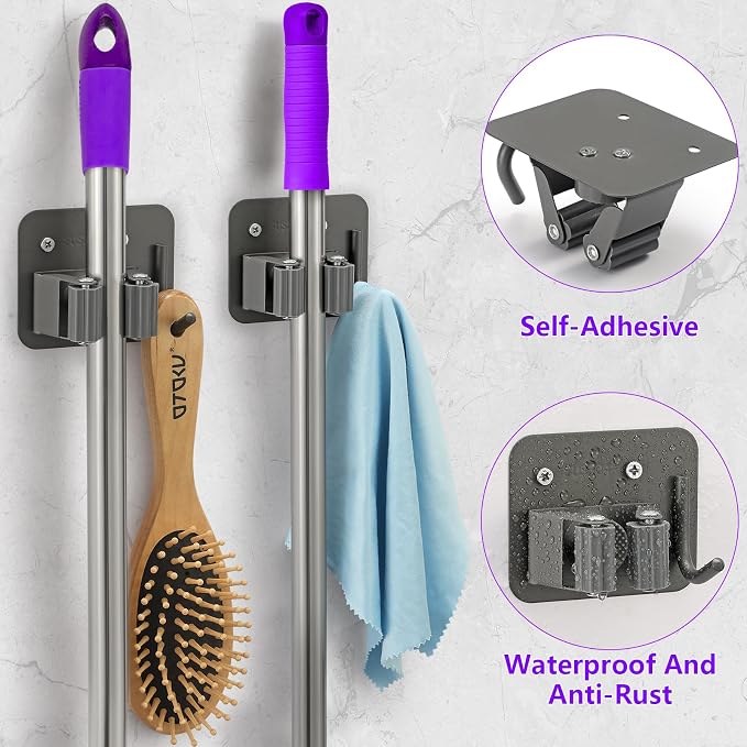 Broom Holder Wall Mount Rack, 304 Stainless Steel Mop and Tool Organizer | Drill-Mounted Gripper Rack Holds Brooms, Mops and Garden Tools Safely in the Laundry Room, Kitchen, Garage, Garden and Shed