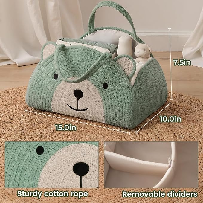 Lmbabter Baby Diaper Caddy Cotton Rope Diaper Organizer Basket Rainbow Theme Nursery Storage Bin Daypack Car Travel (Khaki Bear)