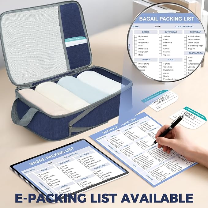 BAGAIL Lightweight Compression Packing Cubes for Travel, 6 Set, Navy | Salis Nylon Fabric,Anti-Tearing,Save Space,SBS Zippers,Packing List,PVC Tag Pocket,Custom Labels,Visible Mesh,Portable Handel