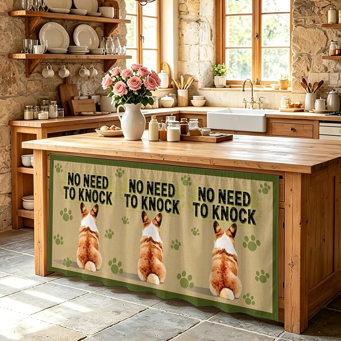 NO Need to Knock Cabinet Curtains 28"x51" Sink Skirt for Bathroom Kitchen, Corgi Dog Paw Prints Pet Lover Farmhouse Self Stick Adhesive Under Desk Covers Tall Laundry Cabinet Storage Organizer