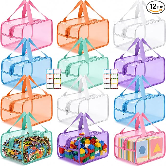 Shinylin 12 Pack Pastel Large Toy Storage Bags with Zipper 9.8 x 5.9 x 7.1 Inch Reusable Waterproof PVC Board Game Storage Bags with Labels for Puzzles Building Blocks Book Stationery