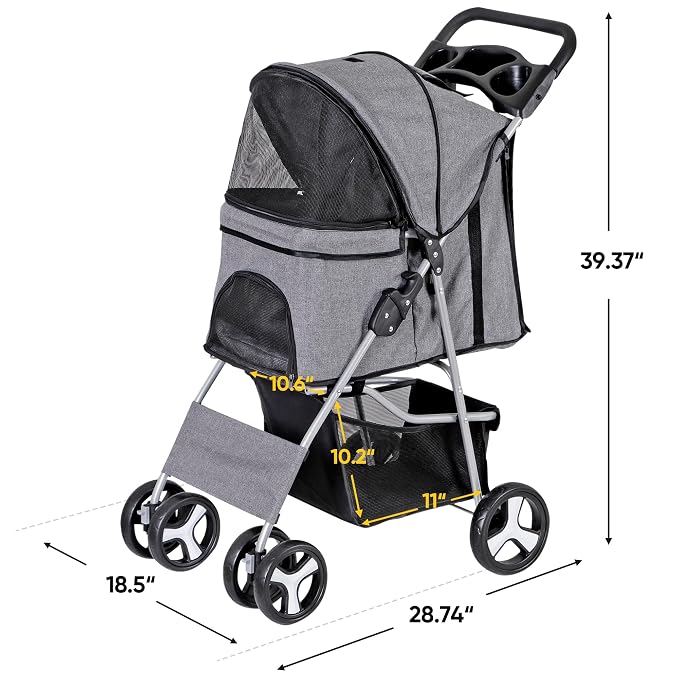 4 Wheels Dog Stroller Folding Pet Strolling Cart for Small Medium Cats Puppies Portable Jogger Travel Camping Puppy Carrier with Storage Basket Cup Holder, Gray