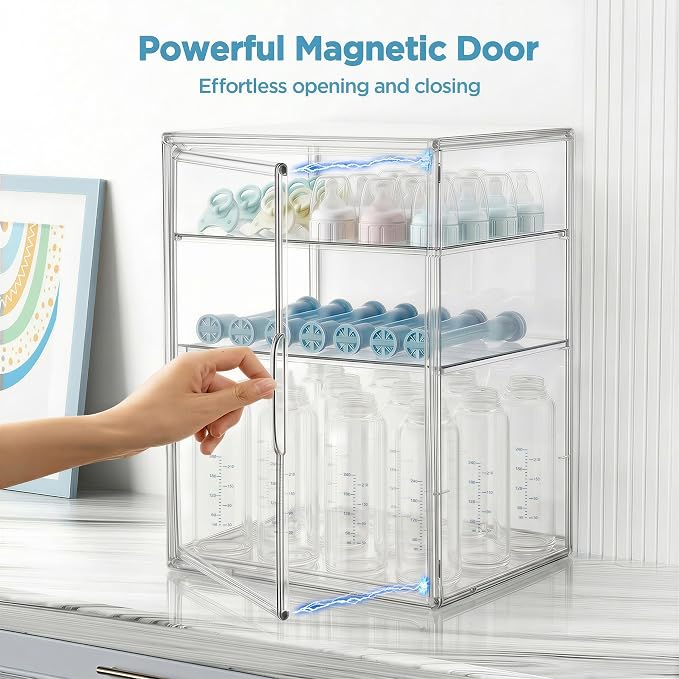 HBlife Baby Bottle Storage Organizer for Countertop Cabinet, 3 Tiers Adjustable Clear Acrylic Bottles Storage Station Case Box Container with 2 Removable Dividers and Magnetic Door, Large