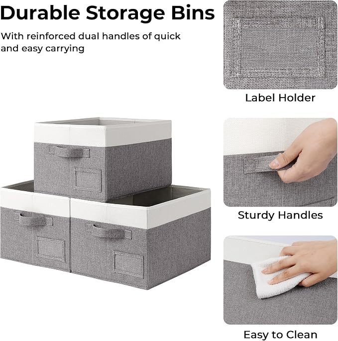 GRANNY SAYS Closet Storage Bins with Label, Gray&White, Medium, 3-Pack | Fabric Storage Bins, Closet Storage Bins for Clothes, Shelf Storage Baskets with Handles, Collapsible Storage Boxes