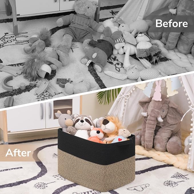 Goodpick 50L Large Woven Storage Basket, 18" x 14" x 12", Black & Jute | Stylish Gift Basket for Home Decor, Cotton Rope Baskets for Blankets & Toys Storage, Living Room & Bedroom Organization