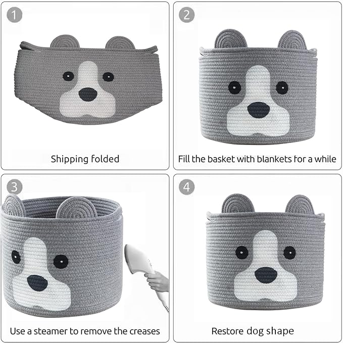 Medium Dog Woven Baskets with Handle, Dog Toy Hamper, Cotton Rope Dog Toy Storage Baskets for Pet, Animal Basket for Kids, Baby Gift Baskets for Dog Lovers, Grey