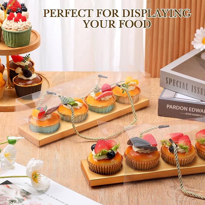 Thenshop 24 Pcs Mother's Day Cupcake Boxes Mother's Day Treat Boxes Clear Cupcake Box with Handle 4 Bakery Cake Box Rectangular Cake Containers for Donuts Pastries Best Mom Gift(Gold)