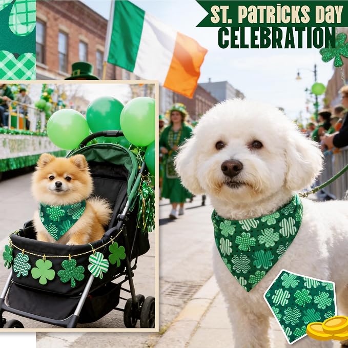 Dog Bandanas for St. Patricks Day - Big Clover Dark Green Polka Dot Base, Pet Scarf with Snap Button Cute Lucky Holiday Costumes for Irish Festivals, Large & Giant Breeds (75lbs+)