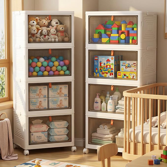 LDQ 136Qt Large Storage Bins with Lids, 4 Tier Stackable Storage Cabinet with Wheels & Clear Doors, Foldable Plastic Closet Organizer for Bedroom, Bathroom & Kitchen