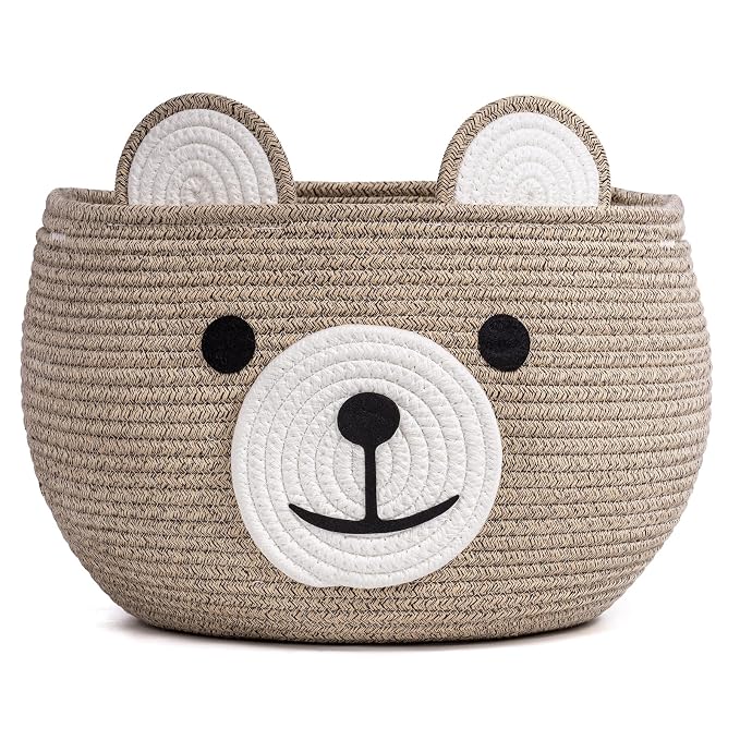 CherryNow Large Baby Basket for Gifts Empty, Cute Bear Design, Light Brown | 15.7" x 10.5" Baby Shower Basket for Kids Boys Newborn Storage, Woven Rope Toy Basket, Fits Living Room Nursery Décor