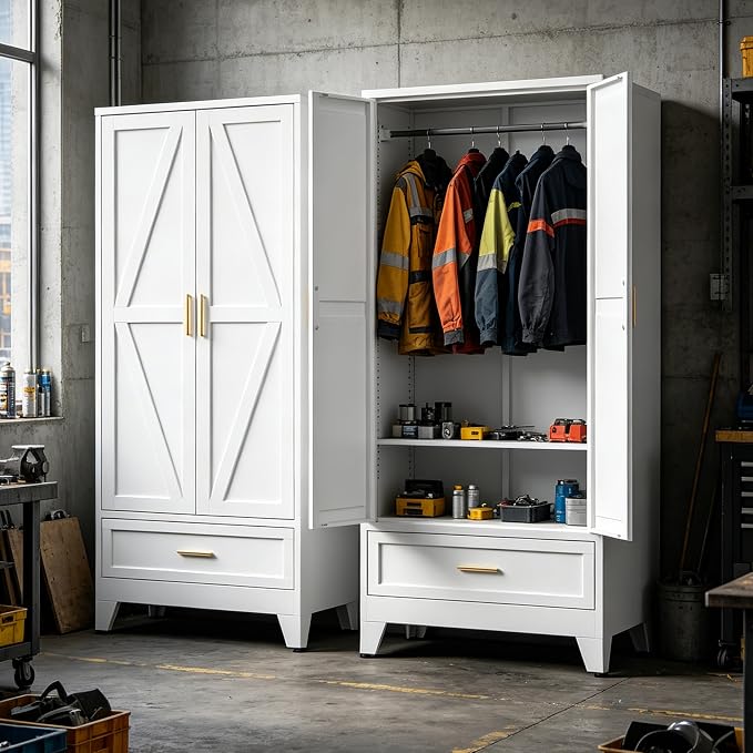 71" H White Storage Cabinet with Doors,Metal Storage Cabinets,Garage Cabinet,Broom Closet Storage Cabinet,Utility Cabinet