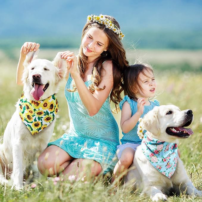 Weewooday 8 Pcs Dog Bandana Girl, Summer Cute Sunflower Daisy Puppy Bandana | Cooling Dog Scarf, Adjustable Dog Bib Handkerchief, Washable Triangle for Large Medium Cat Pet Birthday Holiday Costume Gift