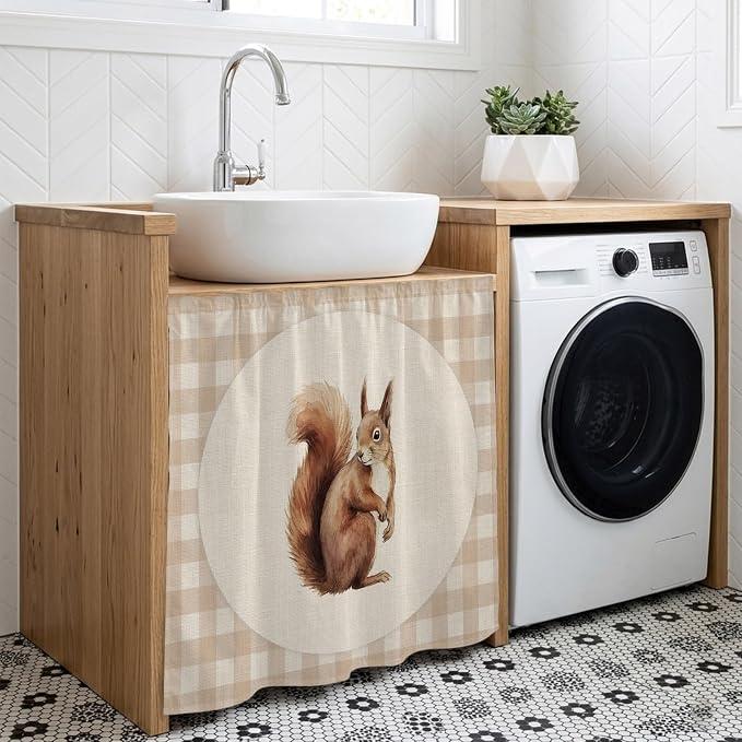 Squirrel Plaid Cabinet Dishwasher Hidden Curtains, Privacy Closet Door Curtain, Rustic Farmhouse Checkered Retro Animal Adhesive Dust Proof Under Sink Skirt for Bathroom Kitchen 35"x35"