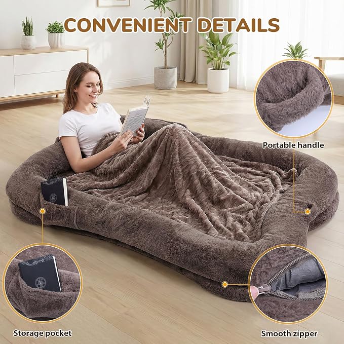 Human Dog Bed 71 x 47 x 12 in, Brown | Memory Foam Dog Bed for Humans & Large Pets, Removable & Washable, with Storage Pocket