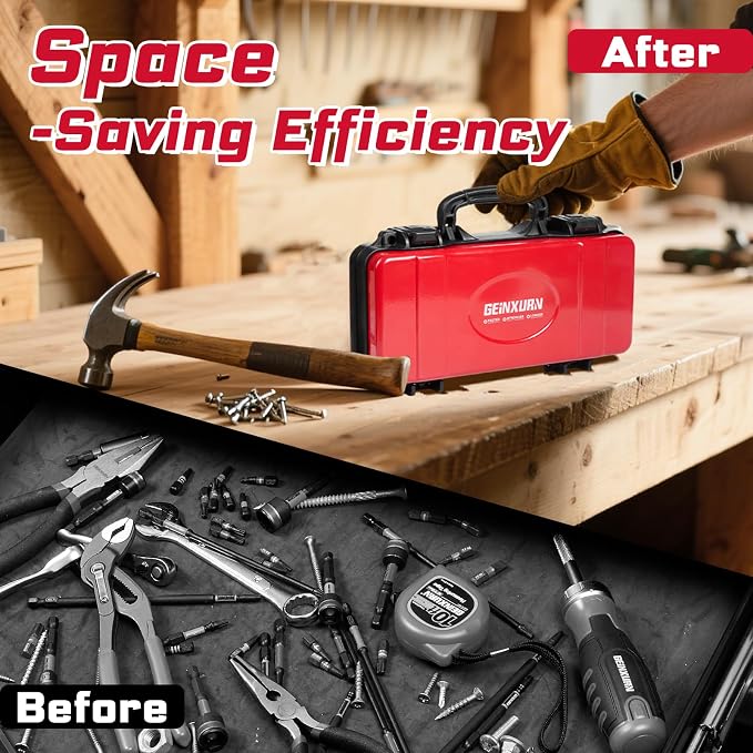 Geinxurn 11”Red Tools Box, Portable Steel Heavy-duty Tool Case with Safety Latch and Handle for Tools Storage and Organizers, Home DIY