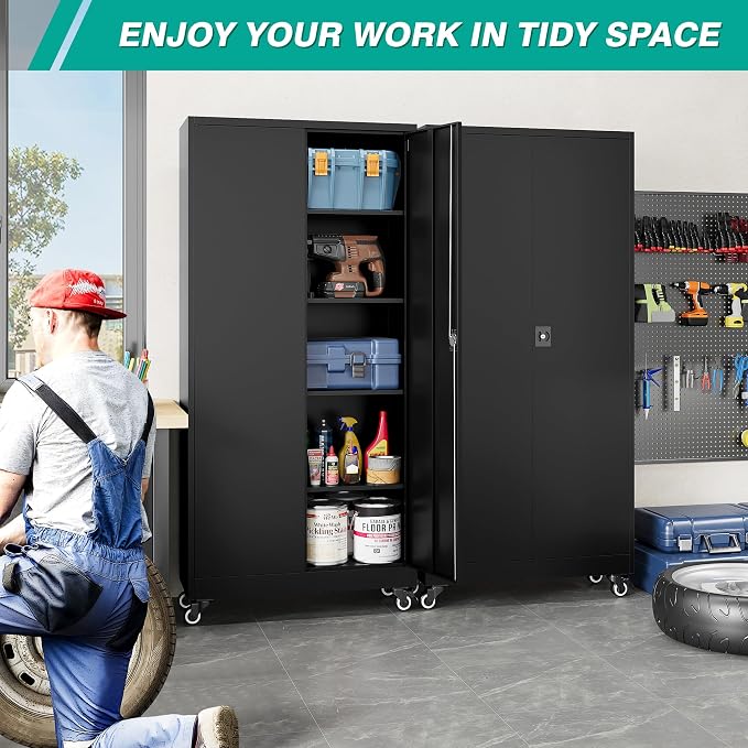 Metal Storage Cabinet with Wheels,75 inch Tall Rolling Garage Storage Cabinet with Lock,Black Metal Cabinets with Wheels and Shelves,Deep Heavy Duty Tool Locker for Garage,Home,Office,Shop