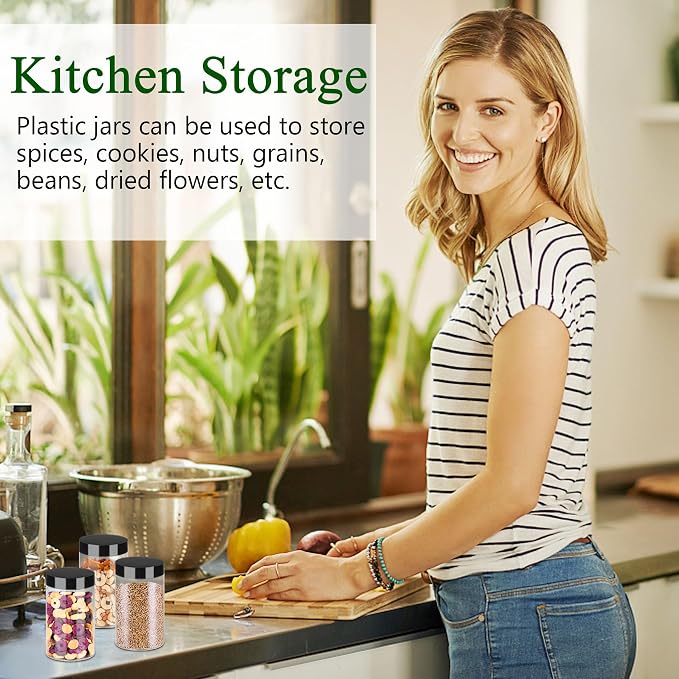 Hajoyful Plastic Jars with Lids 6OZ 42PCS Small Empty Slime Cosmetics Containers Clear Gift Food Jars Round PET Cream Jars with Black Lids Pen Labels for Kitchen Storage Spices Dry Food Body Butter