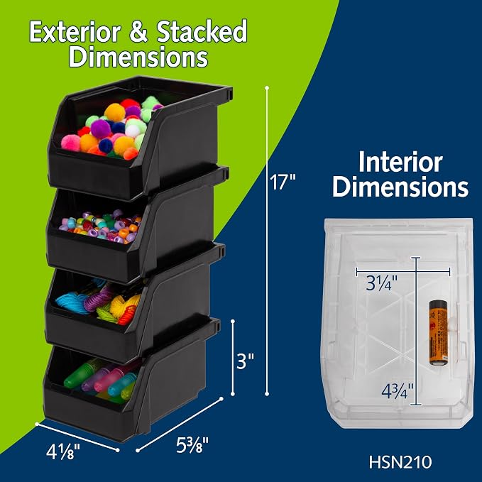 Extra-Small Stackable Plastic Storage Bins, 12-Pack, Black | Open-Front Stackable Bins For Garage, Pantry, Closet & Office, 5"L X 4"W X 3"H, Nests When Empty, Durable Plastic